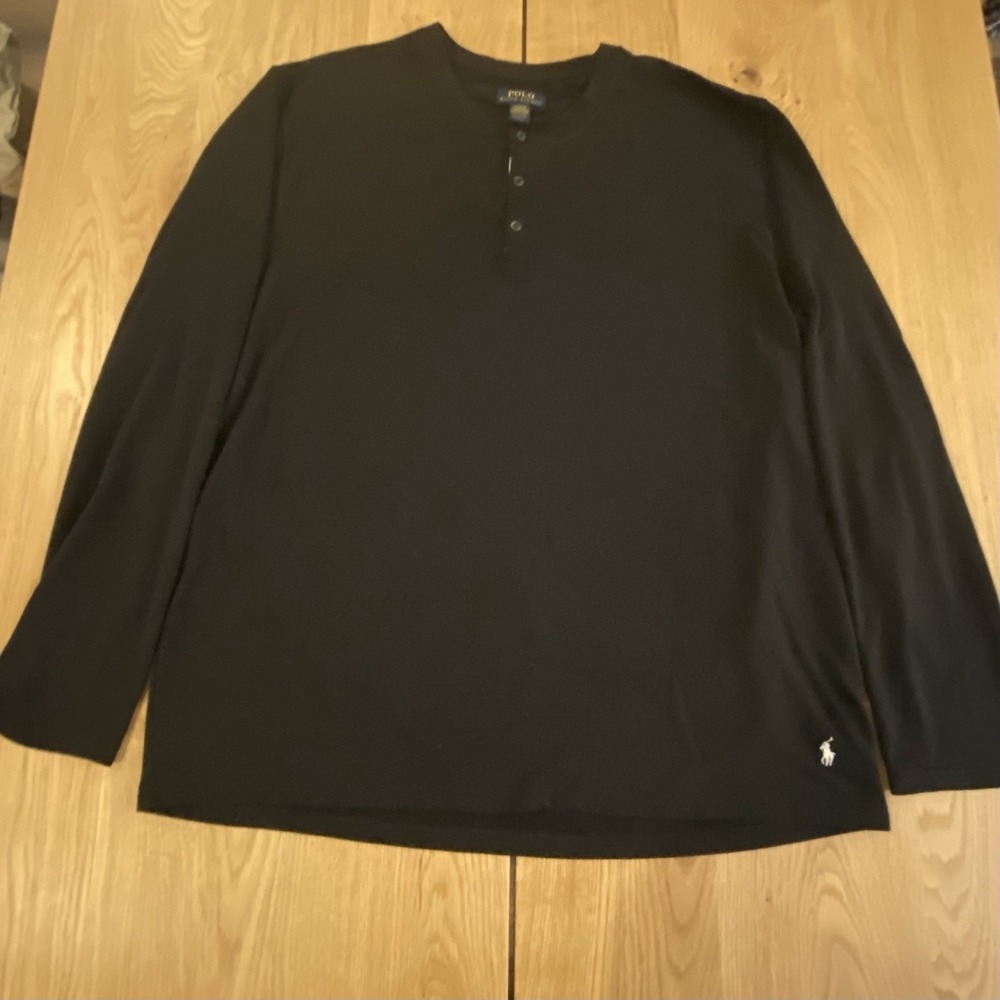 Polo Ralph Lauren Shirt‎ Mens XL Black Mesh Long Sleeve Henley Knit Tee